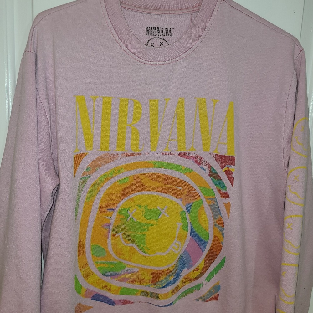 2023 PINK Nirvana Smiley Face Crewneck Sweatshirt Heliconia Sz Lg Cotton/Poly